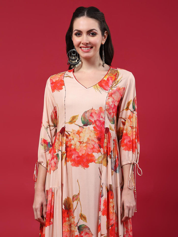 Women Peach Floral Printed Dress.