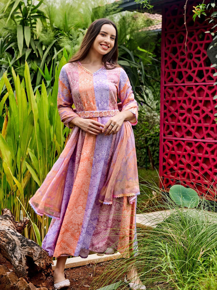 Women Peach Lilac Liva Rayon Dress With Dupatta.