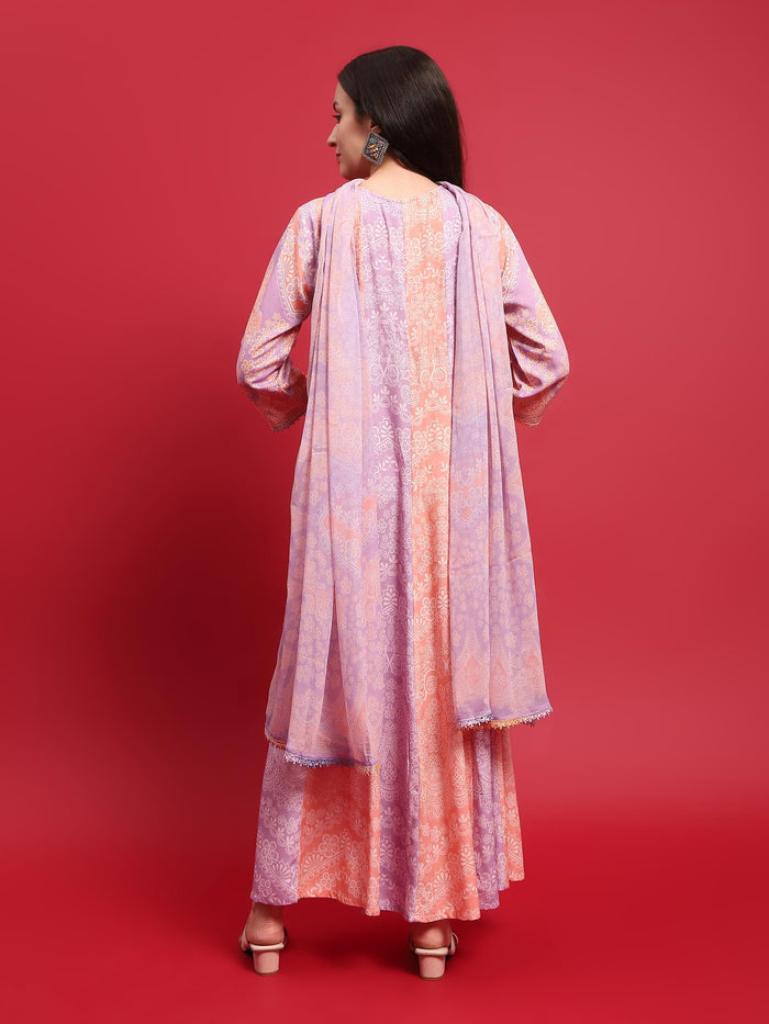 Women Peach Lilac Liva Rayon Dress With Dupatta.