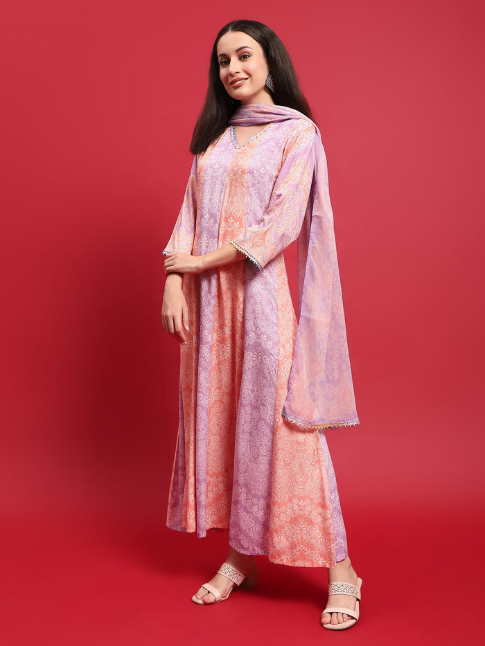 Women Peach Lilac Liva Rayon Dress With Dupatta.