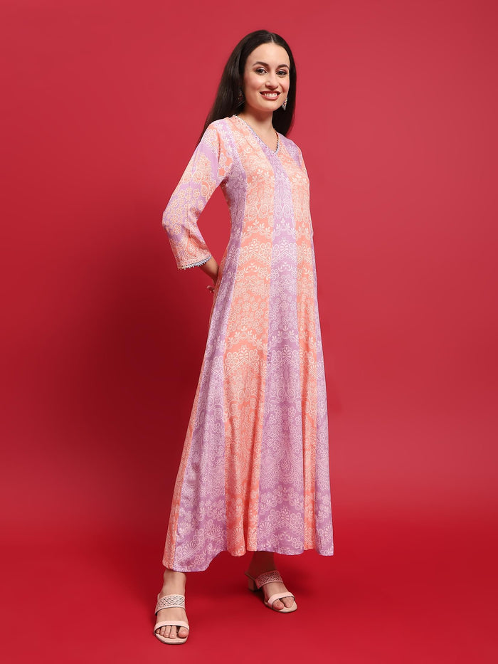 Women Peach Lilac Liva Rayon Dress With Dupatta.