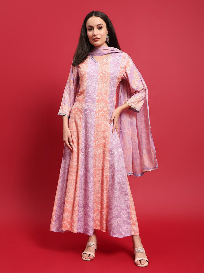 Women Peach Lilac Liva Rayon Dress With Dupatta.