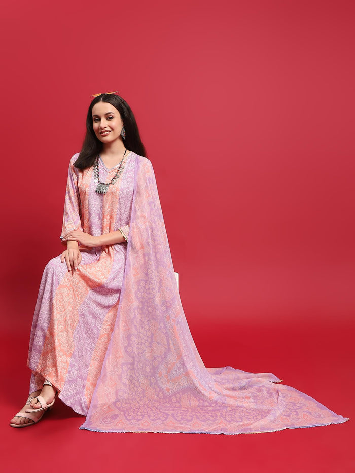 Women Peach Lilac Liva Rayon Dress With Dupatta.