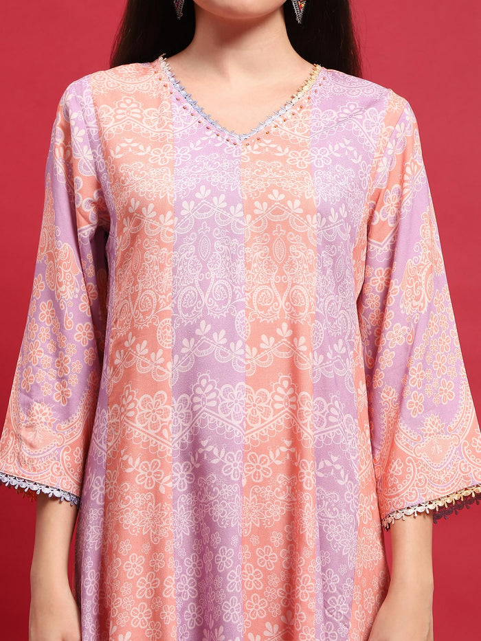 Women Peach Lilac Liva Rayon Dress With Dupatta.