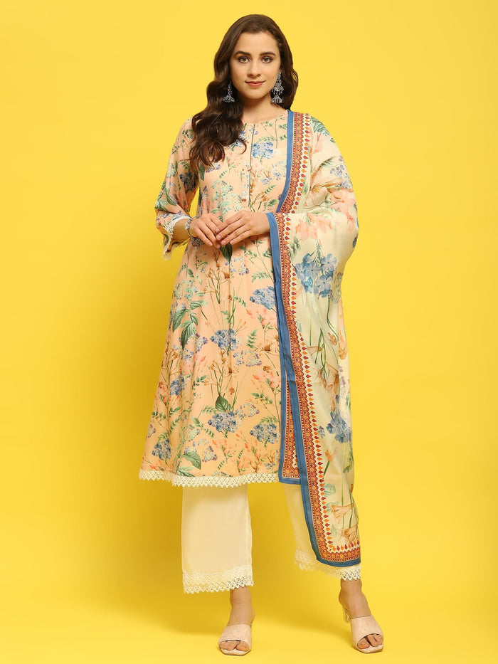Women Peach Multi Liva Rayon Kurta Comfort Pant Dupatta.
