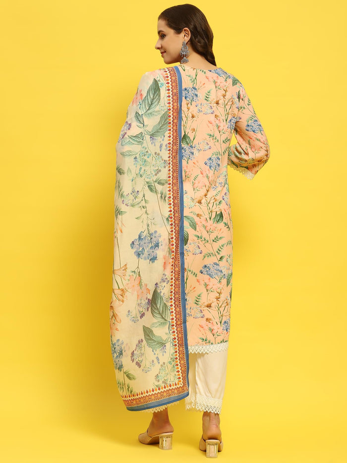 Women Peach Multi Liva Rayon Kurta Comfort Pant Dupatta.