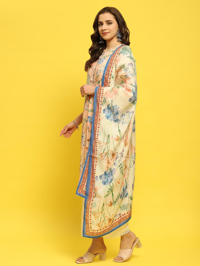 Women Peach Multi Liva Rayon Kurta Comfort Pant Dupatta.