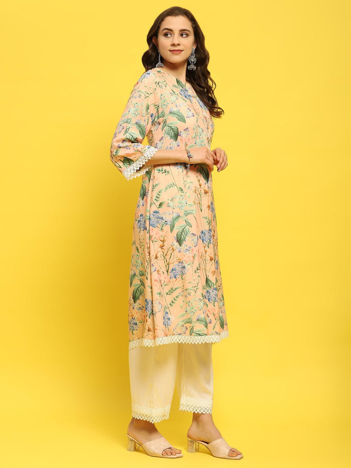 Women Peach Multi Liva Rayon Kurta Comfort Pant Dupatta.