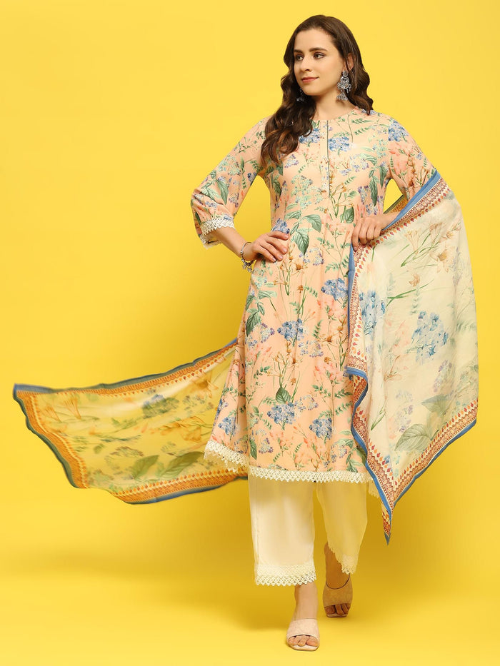 Women Peach Multi Liva Rayon Kurta Comfort Pant Dupatta.