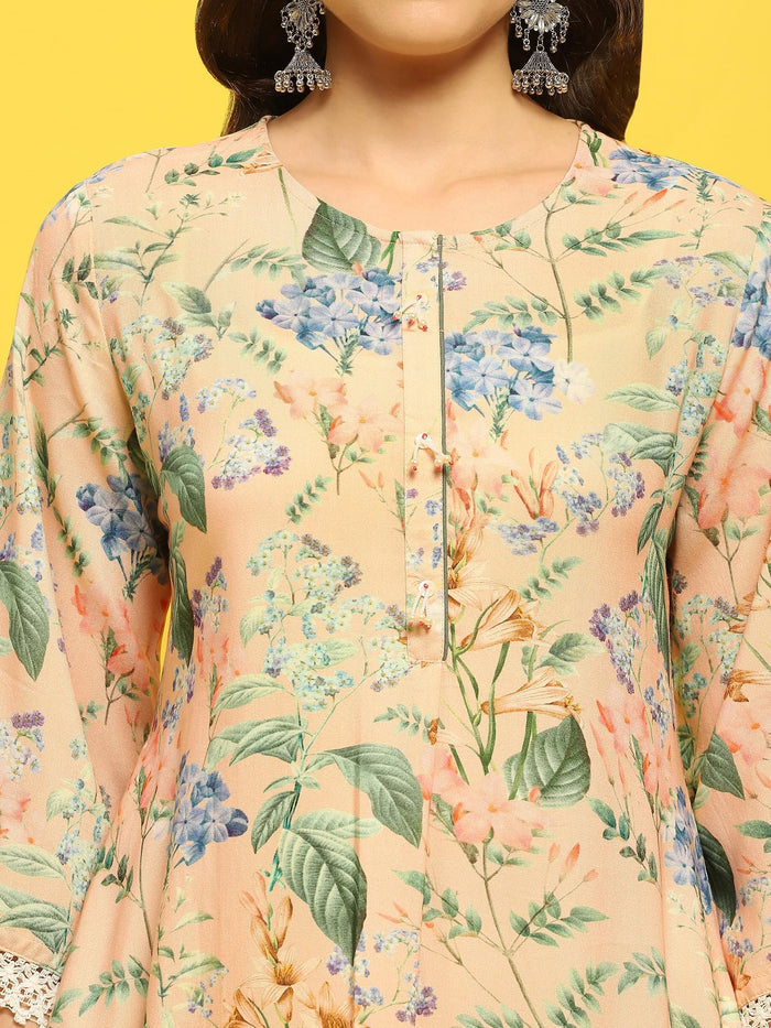 Women Peach Multi Liva Rayon Kurta Comfort Pant Dupatta.