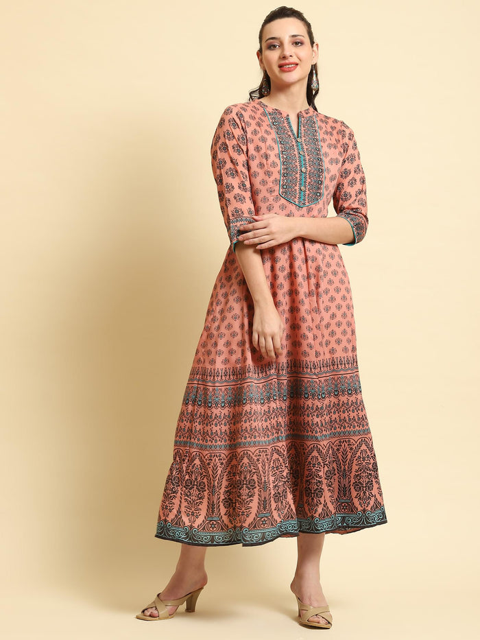 Women Peach Ornamental Printed Dress.