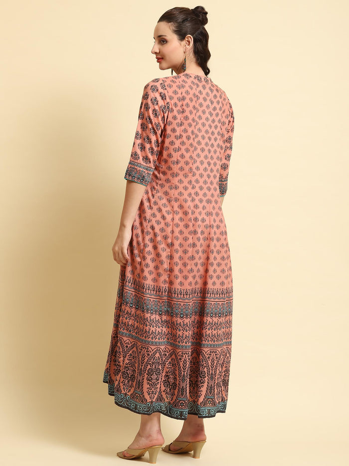 Women Peach Ornamental Printed Dress.