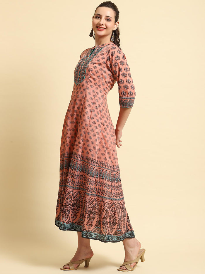 Women Peach Ornamental Printed Dress.