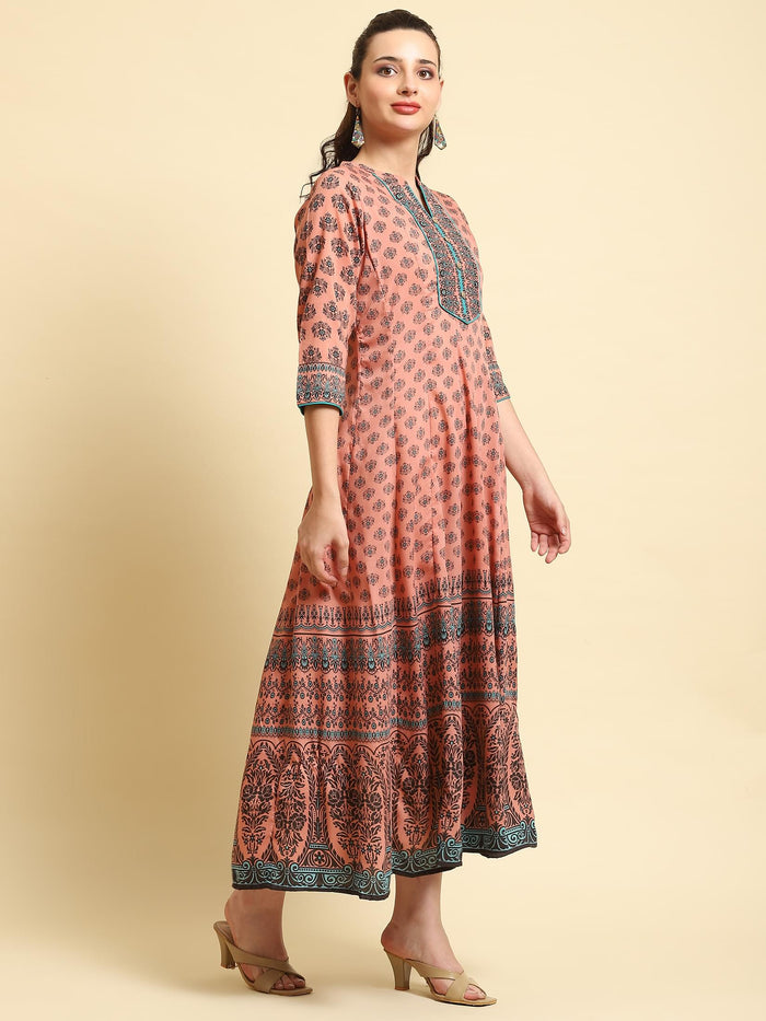 Women Peach Ornamental Printed Dress.