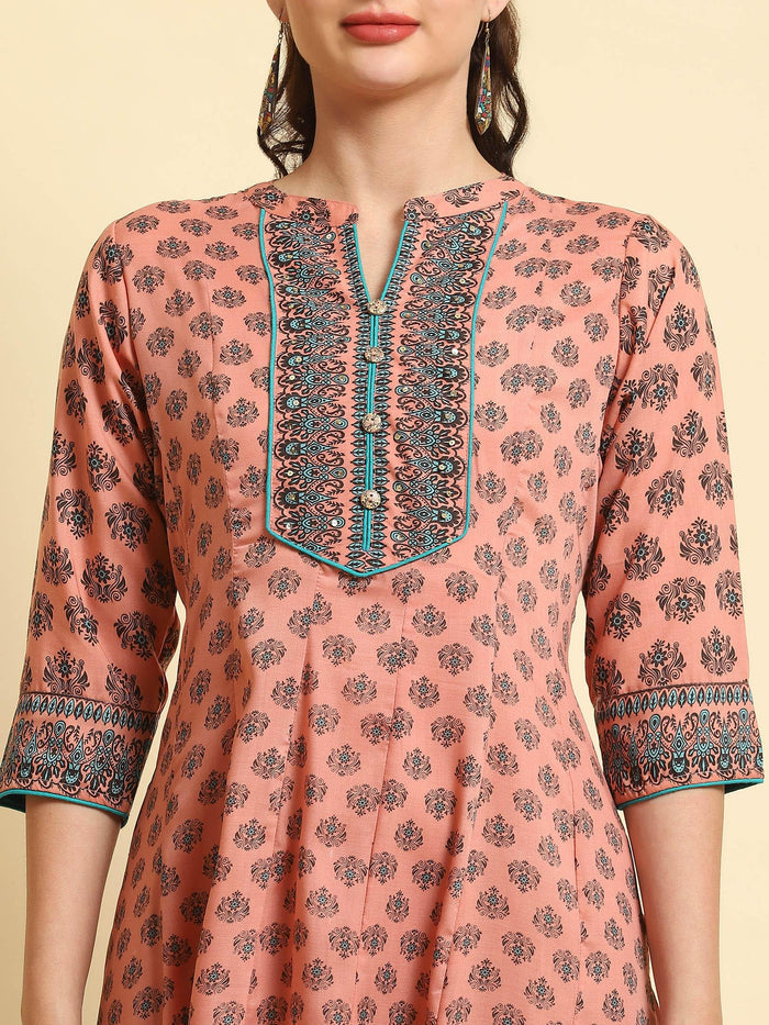 Women Peach Ornamental Printed Dress.