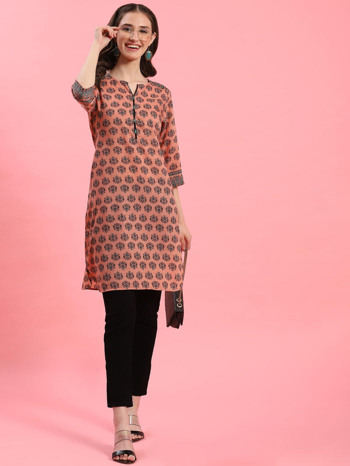 Women Peach Ornamental Printed Kurti.