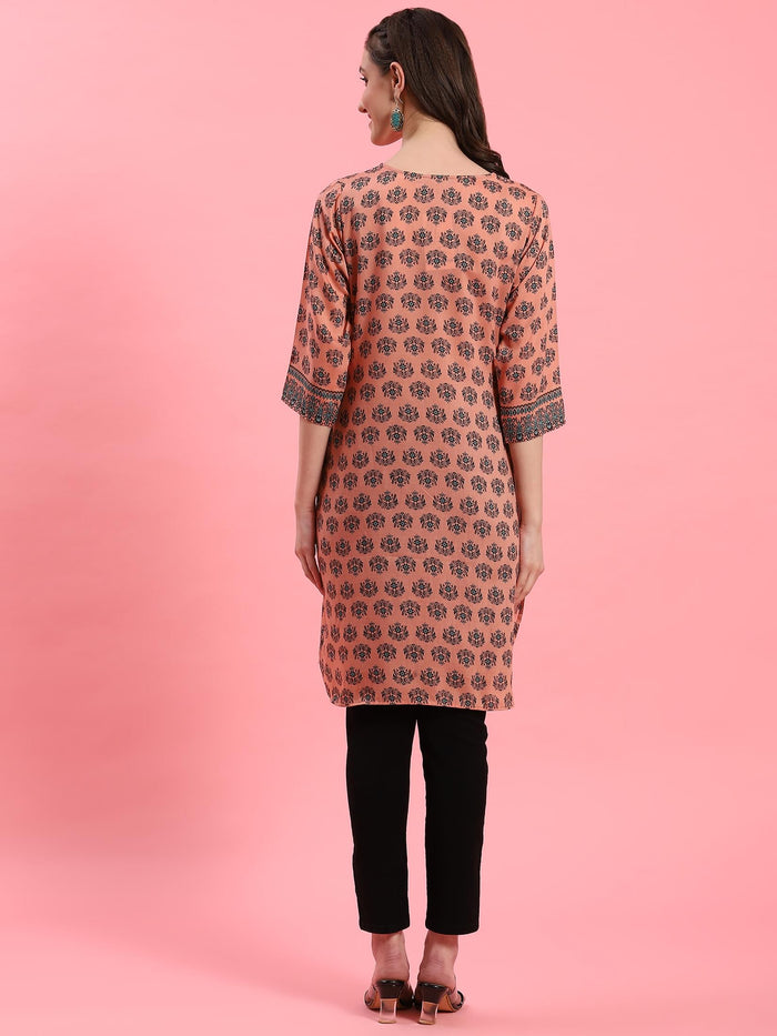 Women Peach Ornamental Printed Kurti.