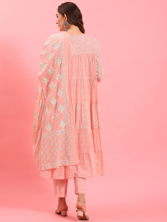 Women Peach Tiered Kurta Trouser Dupatta.