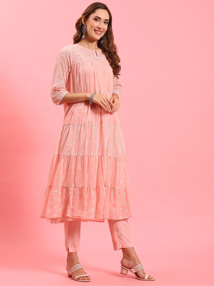 Women Peach Tiered Kurta Trouser Dupatta.