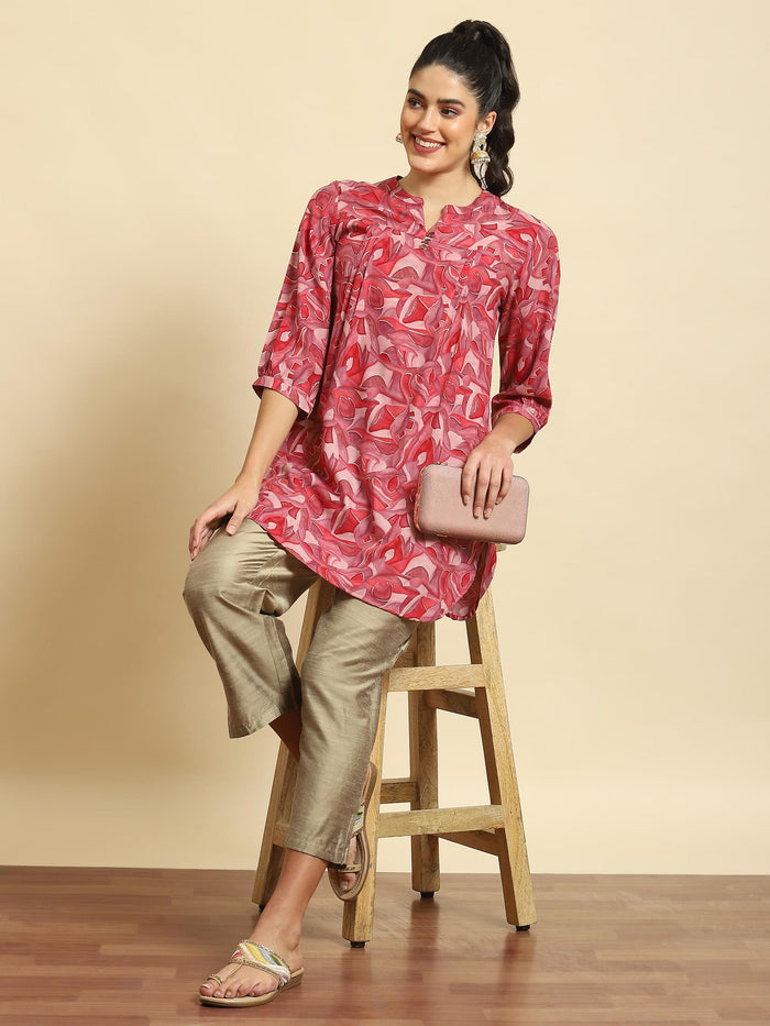 Women Pink Abstract Print Tunic.
