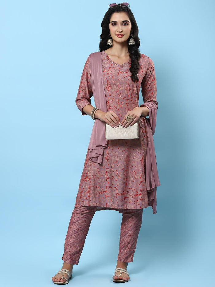 Women Pink Abstract Printed Kurta Trouser Dupatta.