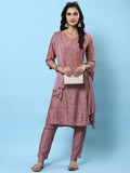 Women Pink Abstract Printed Kurta Trouser Dupatta.