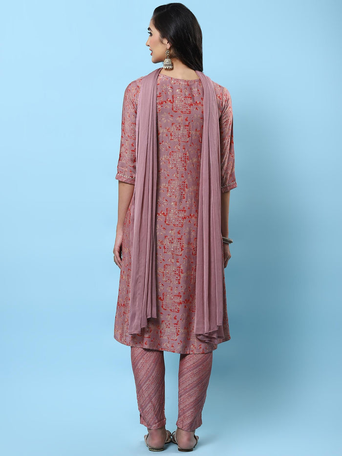 Women Pink Abstract Printed Kurta Trouser Dupatta.