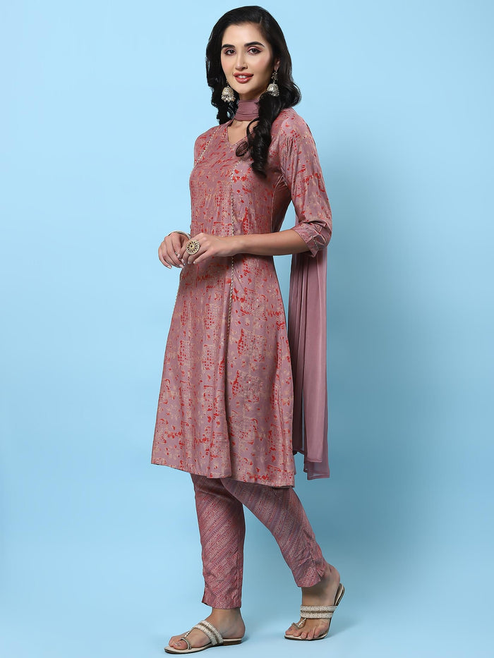 Women Pink Abstract Printed Kurta Trouser Dupatta.