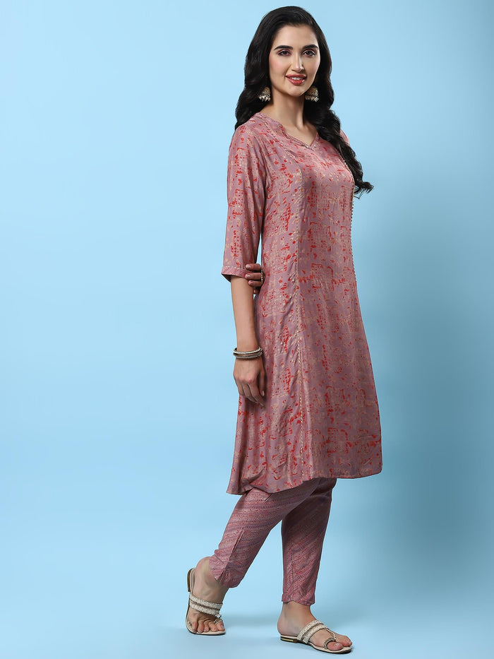 Women Pink Abstract Printed Kurta Trouser Dupatta.