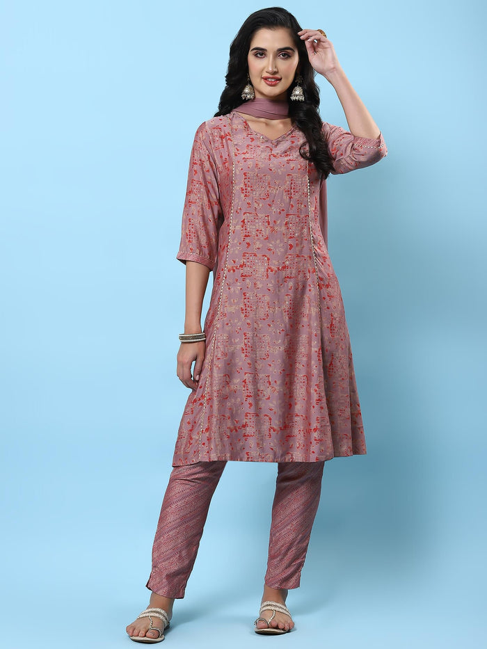 Women Pink Abstract Printed Kurta Trouser Dupatta.