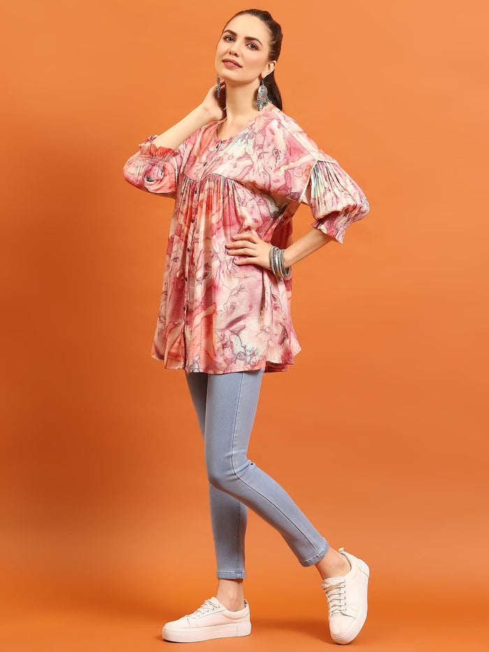 Women Pink Abstract Printed Tunic.