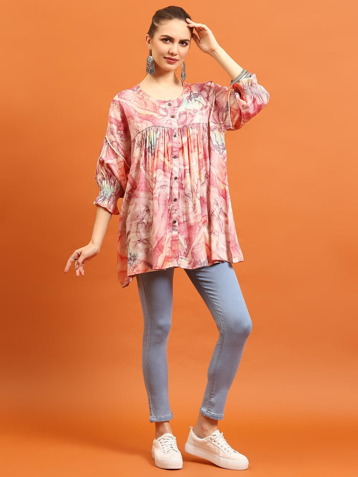 Women Pink Abstract Printed Tunic.