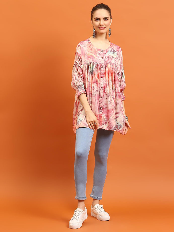 Women Pink Abstract Printed Tunic.