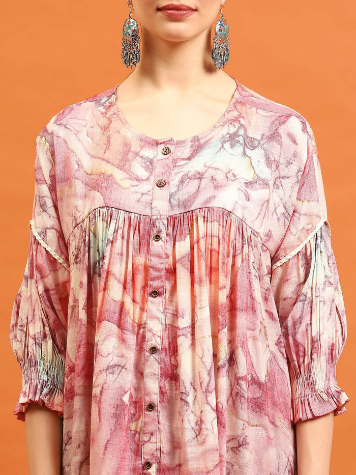 Women Pink Abstract Printed Tunic.