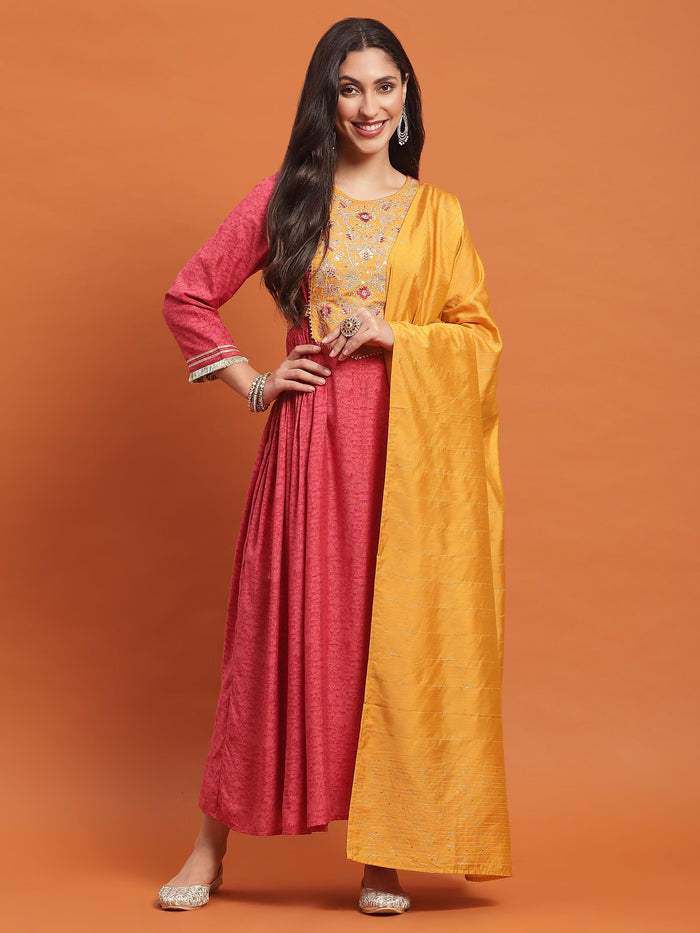 Women Pink Embroidered Dress With Dupatta.