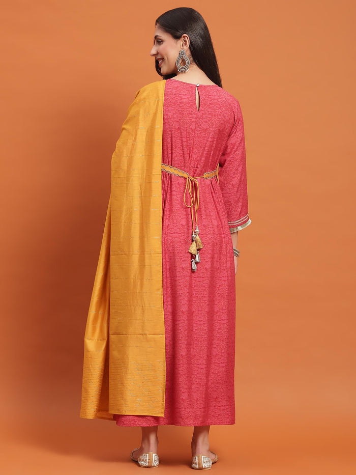 Women Pink Embroidered Dress With Dupatta.