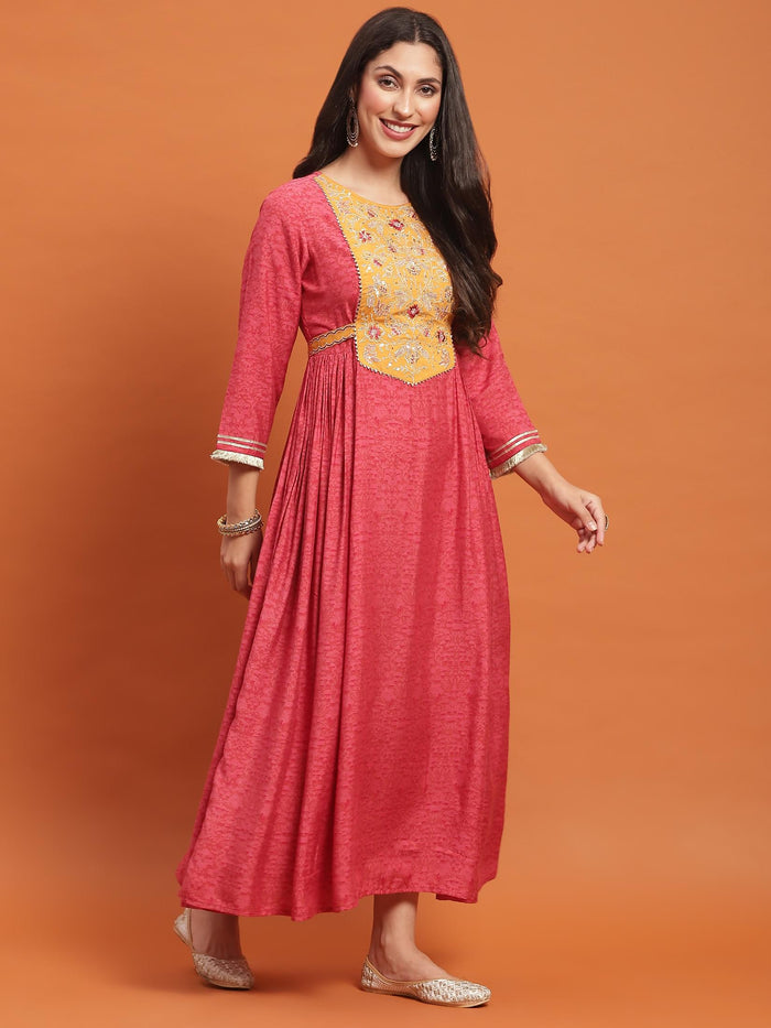 Women Pink Embroidered Dress With Dupatta.