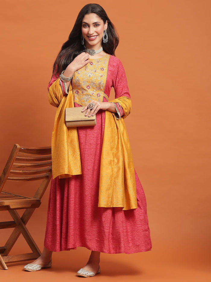 Women Pink Embroidered Dress With Dupatta.