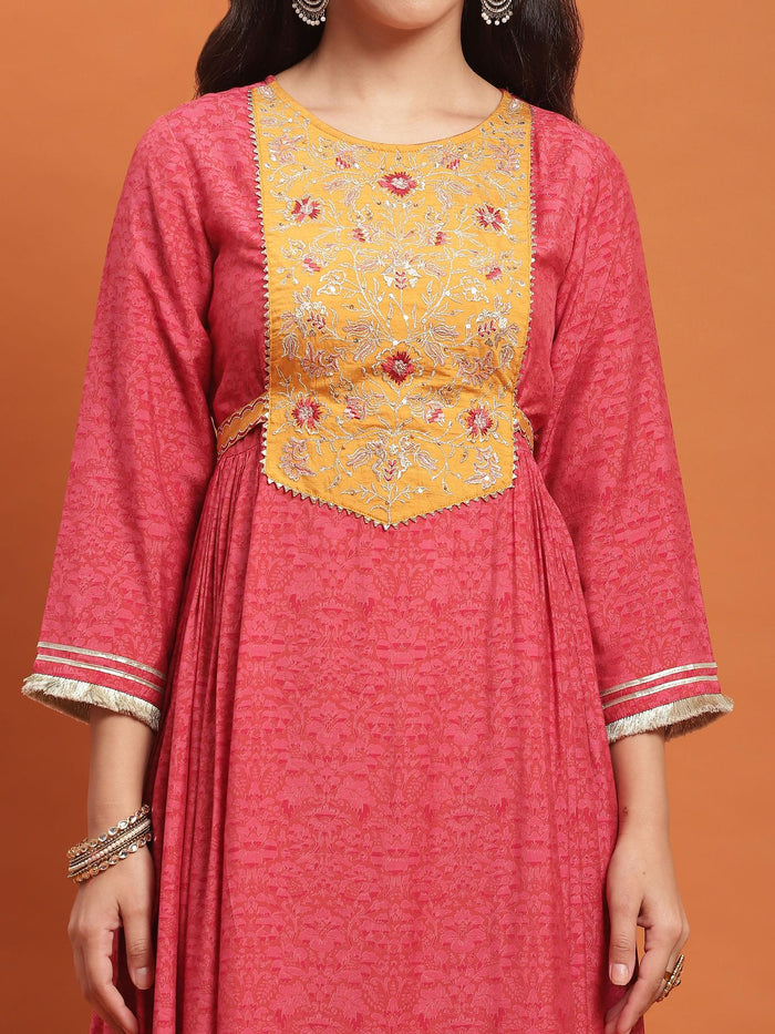 Women Pink Embroidered Dress With Dupatta.