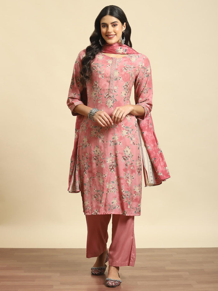 Women Pink Floral Kurta Comfort Pant Dupatta.