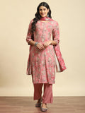 Women Pink Floral Kurta Comfort Pant Dupatta.