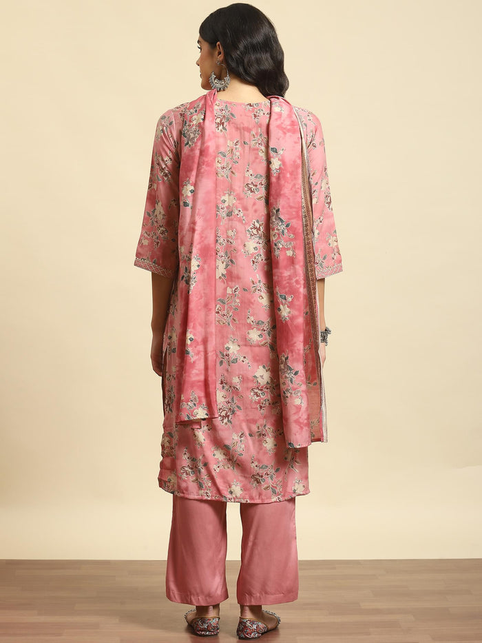 Women Pink Floral Kurta Comfort Pant Dupatta.