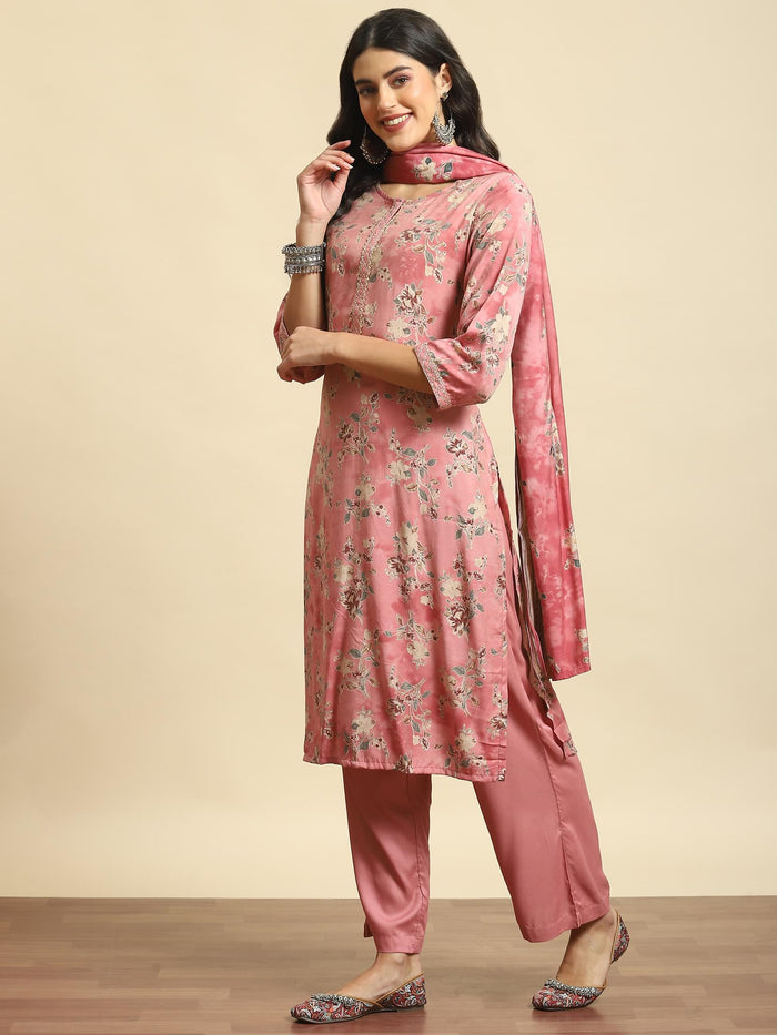 Women Pink Floral Kurta Comfort Pant Dupatta.