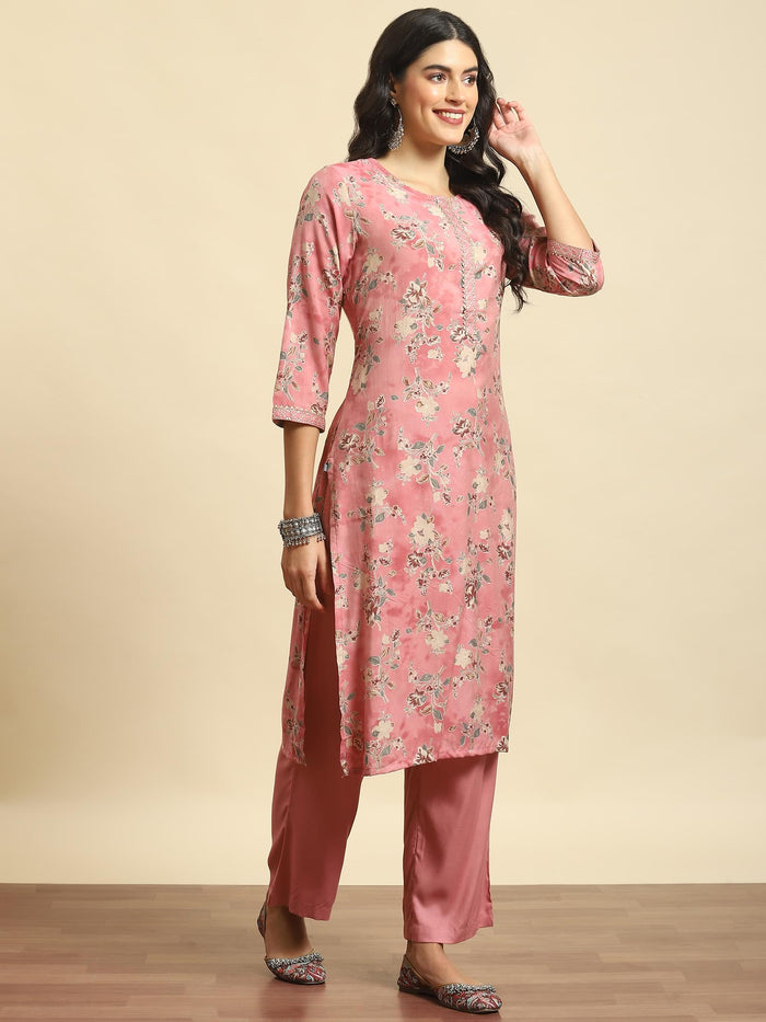 Women Pink Floral Kurta Comfort Pant Dupatta.