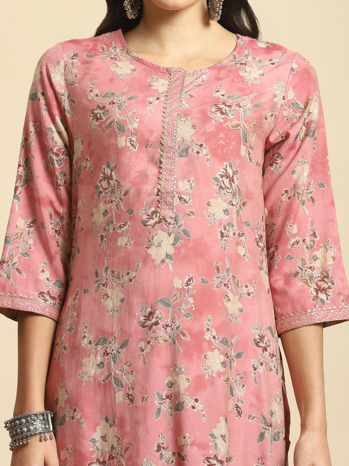 Women Pink Floral Kurta Comfort Pant Dupatta.