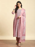 Women Pink Floral Print Kurta Trouser Dupatta.