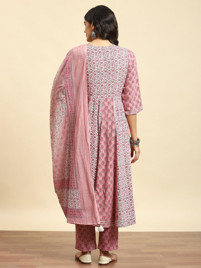 Women Pink Floral Print Kurta Trouser Dupatta.
