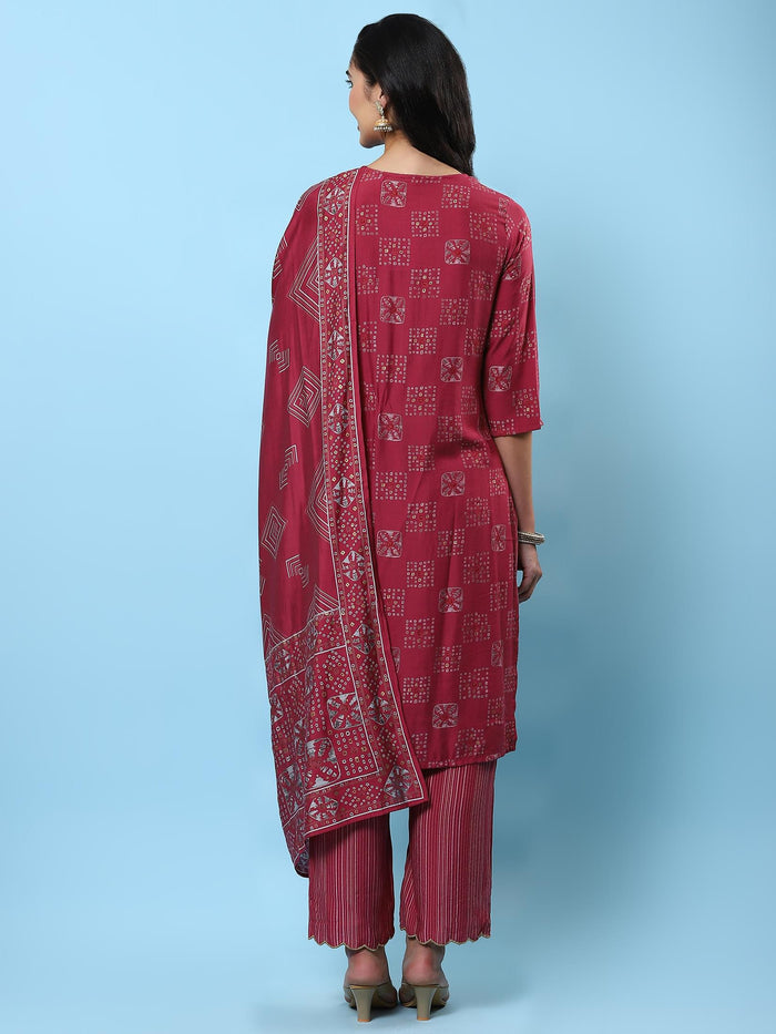 Women Pink Geometric Printed Kurta Comfort Pant Dupatta.