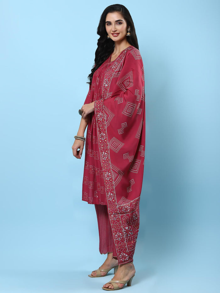 Women Pink Geometric Printed Kurta Comfort Pant Dupatta.