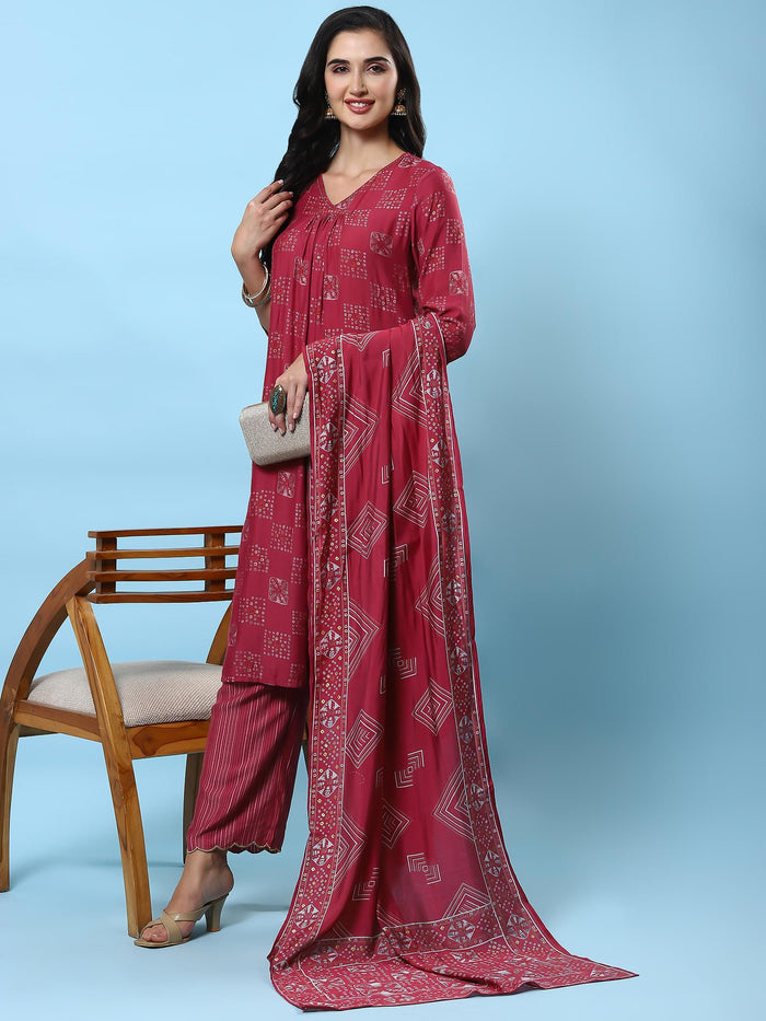 Women Pink Geometric Printed Kurta Comfort Pant Dupatta.